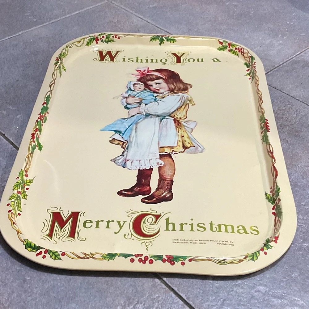 Vintage Christmas Tray with Girl and Doll